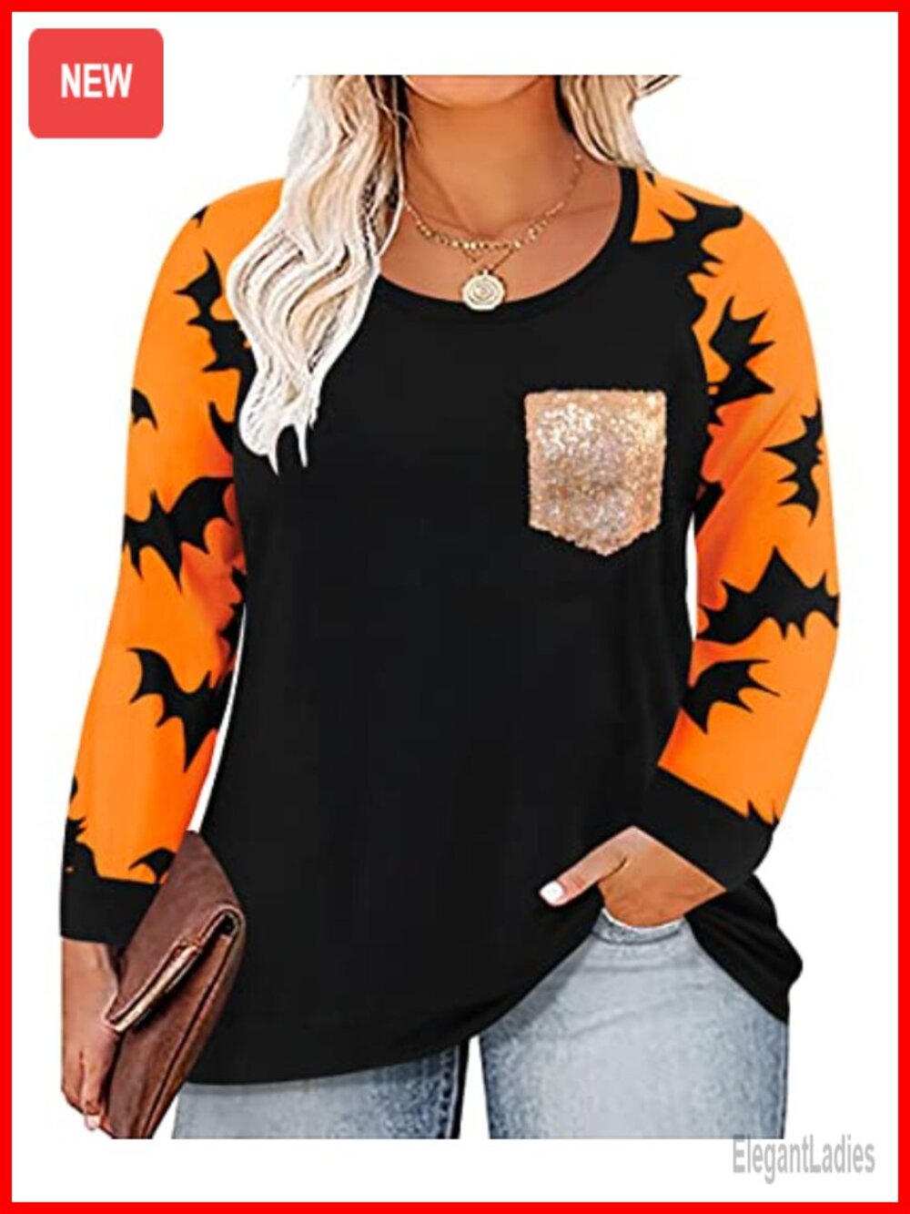 Plus Size Long Sleeve Tunic Top with Pocket Crew Neck